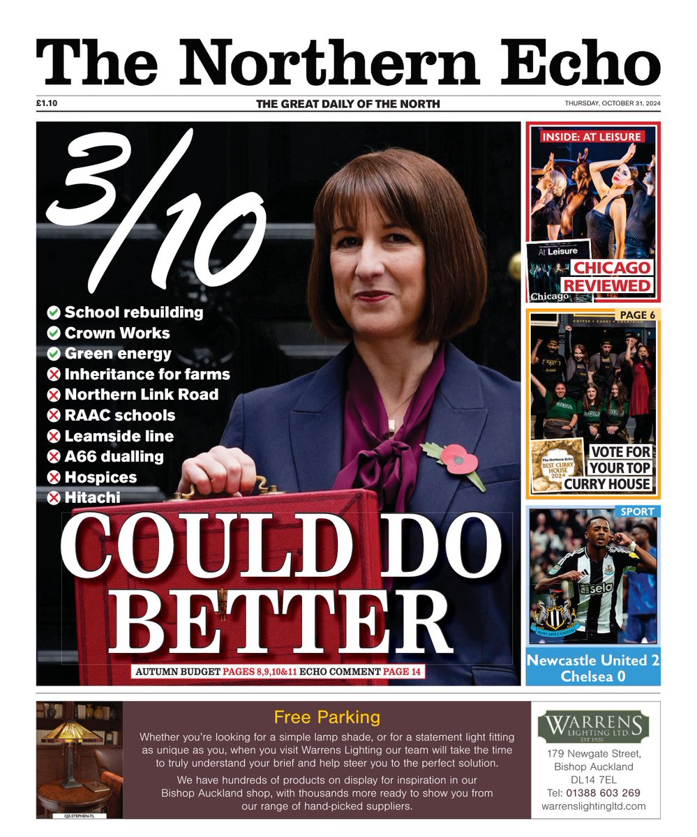 Thursday’s <a href="/TheNorthernEcho/">The Northern Echo</a>  🗞️

✅ 3/10 for the Chancellor as she delivers Labour’s first budget in 14 years. Could do better for the North East.  <a href="/mikehughes/">Mike Hughes</a> &amp; <a href="/alexoljourno/">Alex O'Leary</a> 

🍛 Babul’s latest contender in search for best curry

⚽️ Trophy dreams still alive for Newcastle