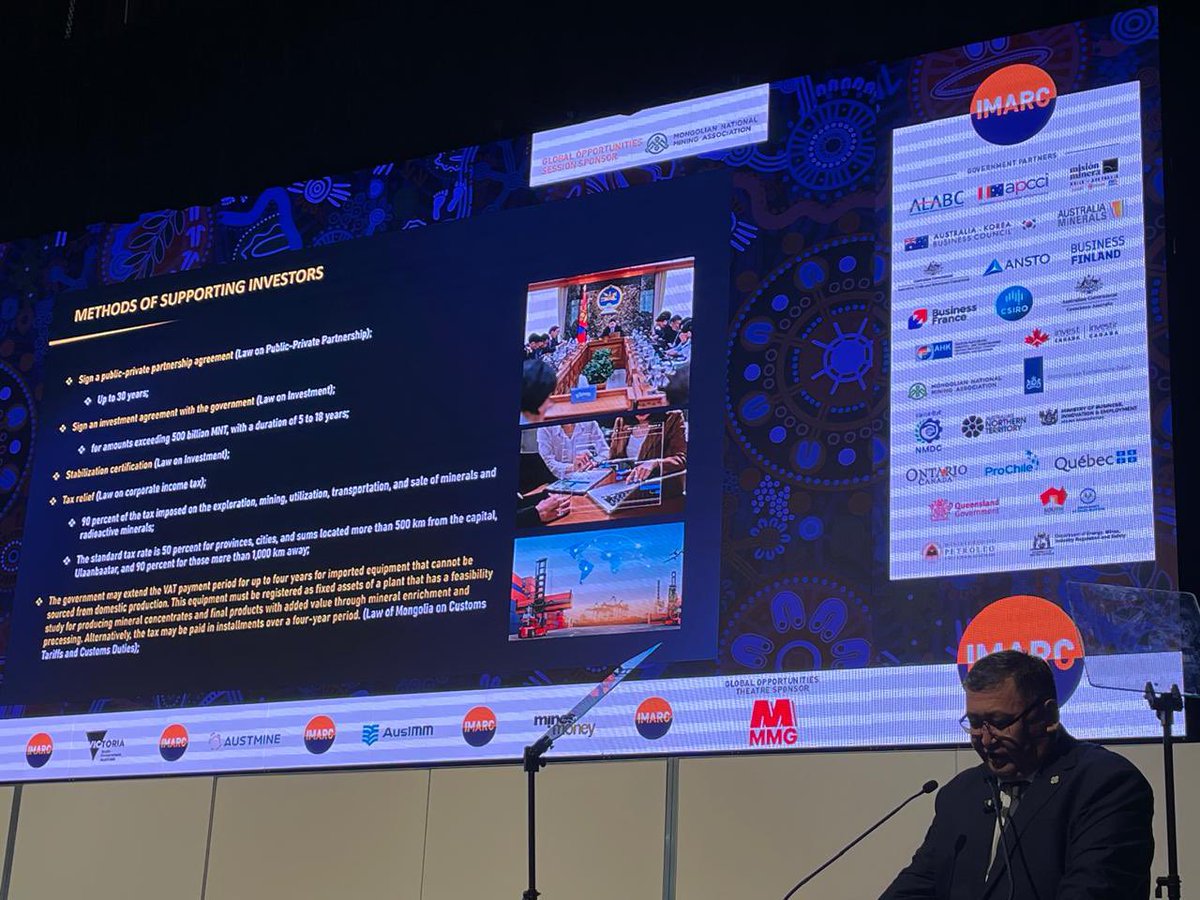 AusAmbMongolia's tweet image. Pleased to open a very well-attended Mongolia Day at #IMARC. Australia-Mongolia linkages in the mining sector are strong and we’re looking forward to expanding our cooperation as the energy transition increases demand for critical minerals.