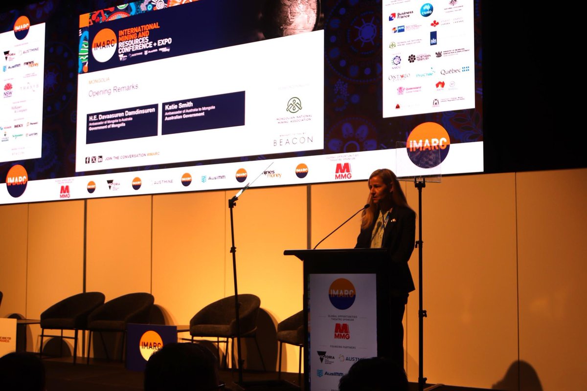 AusAmbMongolia's tweet image. Pleased to open a very well-attended Mongolia Day at #IMARC. Australia-Mongolia linkages in the mining sector are strong and we’re looking forward to expanding our cooperation as the energy transition increases demand for critical minerals.