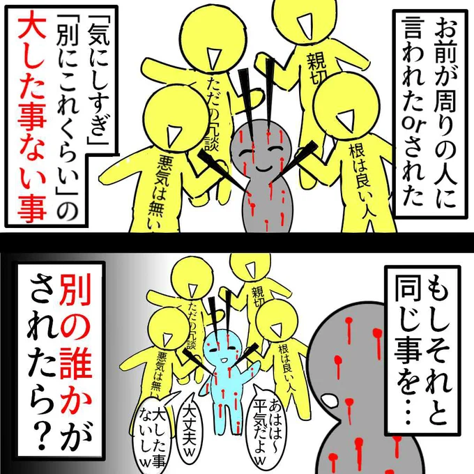★お前あるある★

自分が嫌な事をされても

「こんな事で傷つくなんて気にし過ぎ」
「別にこれくらい大したことないじゃん」

って過小評価するけど

誰かがそれと全く同じ事をやられてたら

見てて辛いし苦しいし殺意がわく

自分の事はどうでもいいけど
他人が傷つけられてたら許せない

(再掲載) 