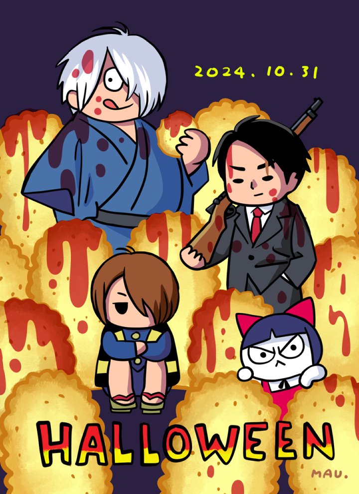 guide_hijikata's tweet photo. ハロウィンなので仮装してみました。
みんなイチゴソースまみれです。

＃ハロウィン 
＃ゲゲゲの謎
＃ヒジカタ君
＃ネコ影 https://t.co/f19WeYpOKu
