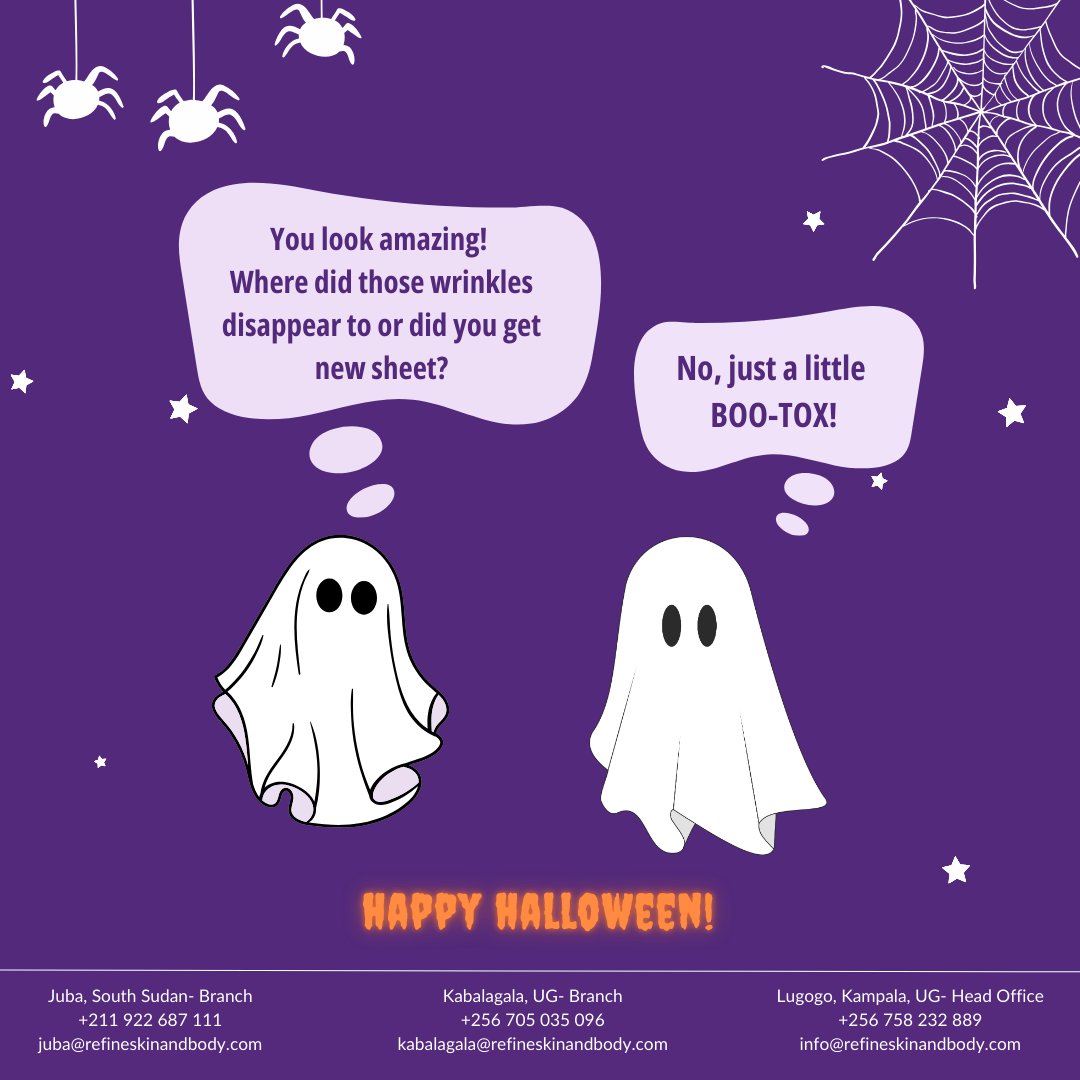 RefineClinicUG's tweet image. 👻 Happy Halloween from Refine Skin &amp;amp; Body Clinic! 🎃✨ 
Don&apos;t let wrinkles spook you—try a little BOO-TOX for a flawless, smooth look! 👻🎃 

#HalloweenGlow #BooTox #halloween #wrinkles #botox #dermalfillers #juba #southsudan #kampala #uganda