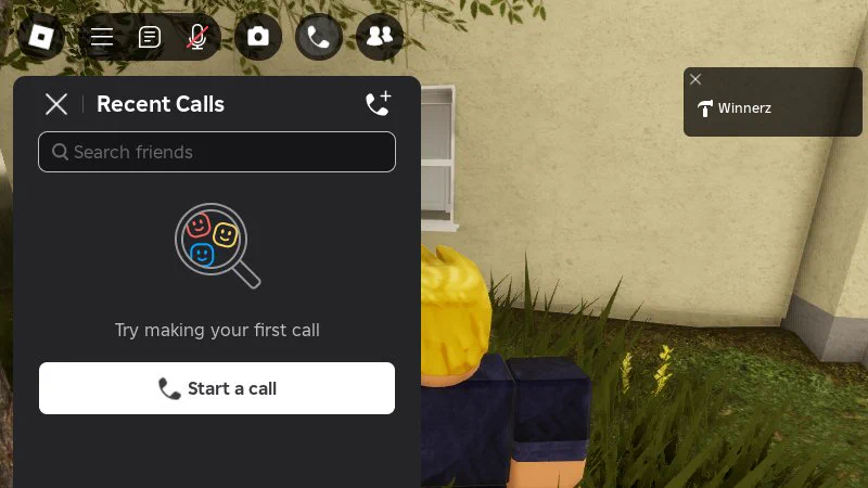 Screenshot of Roblox showing a call menu open in a Roblox experience. The experience contains green grass and a house in the background.