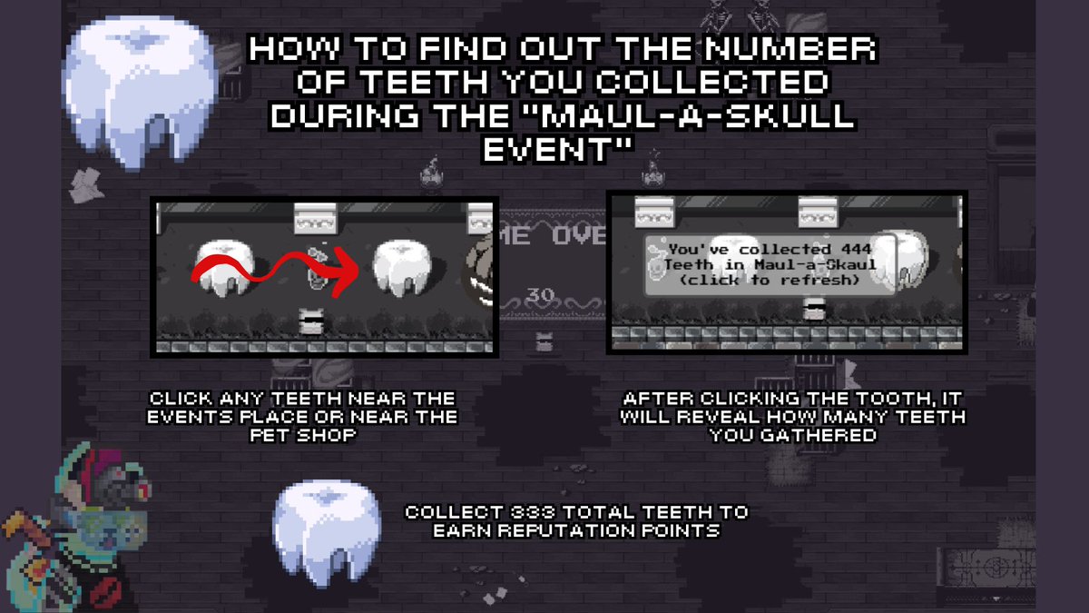 niyxacs's tweet image. The Maul-A-Skull event is coming to an end. Have you collected 333 teeth to gain reputation for your
@pixels_online account? 

 check your total teeth collected with this guide   

#PixelCreator