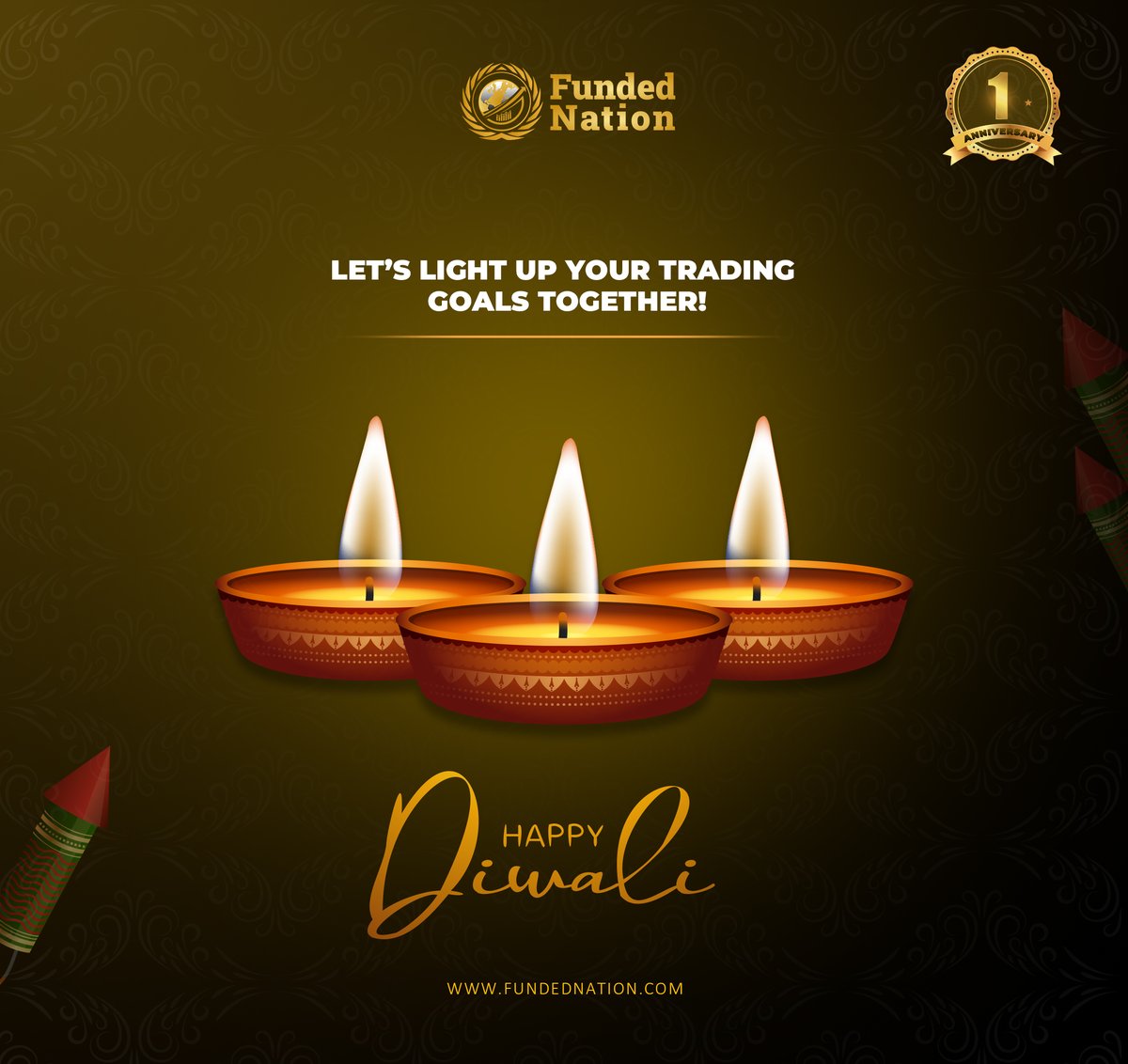 May this Festival of Lights bring you prosperity, success, and joy, both in trading and in life. Thank you for being a part of our journey. Here’s to bright days ahead!  
Happy Diwali. 🪔
#HappyDiwali #FundedNation #FestivalOfLights