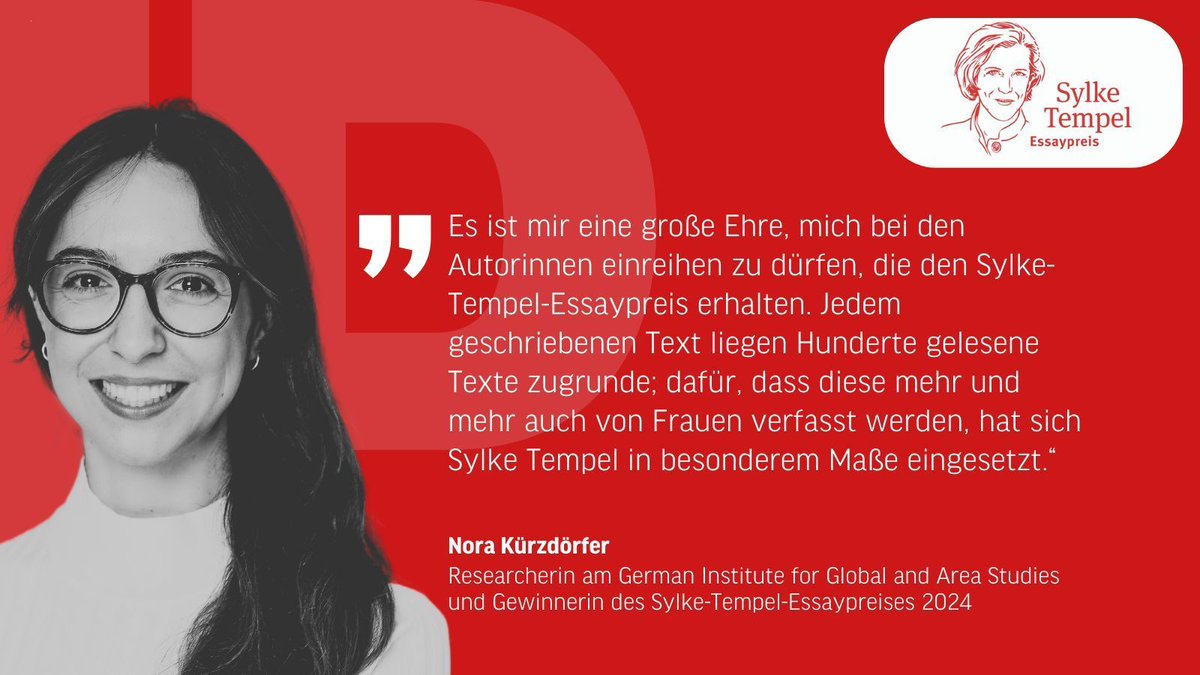 Herzlichen Glückwunsch, <a href="/kuerzdoerfer_n/">Nora Kürzdörfer</a>! 🎊 Die Jury, <a href="/WIIS_de/">WIIS.de</a> &amp; wir gratulieren der #SylkeTempel-Essaypreis-Gewinnerin 2024 zu ihrem ausgezeichneten #Essay „Dystopische Visionen für eine utopische Zukunft“. 📝 Zu lesen in der neuen IP &amp; online hier: 👉 internationalepolitik.de/de/dystopische… /1