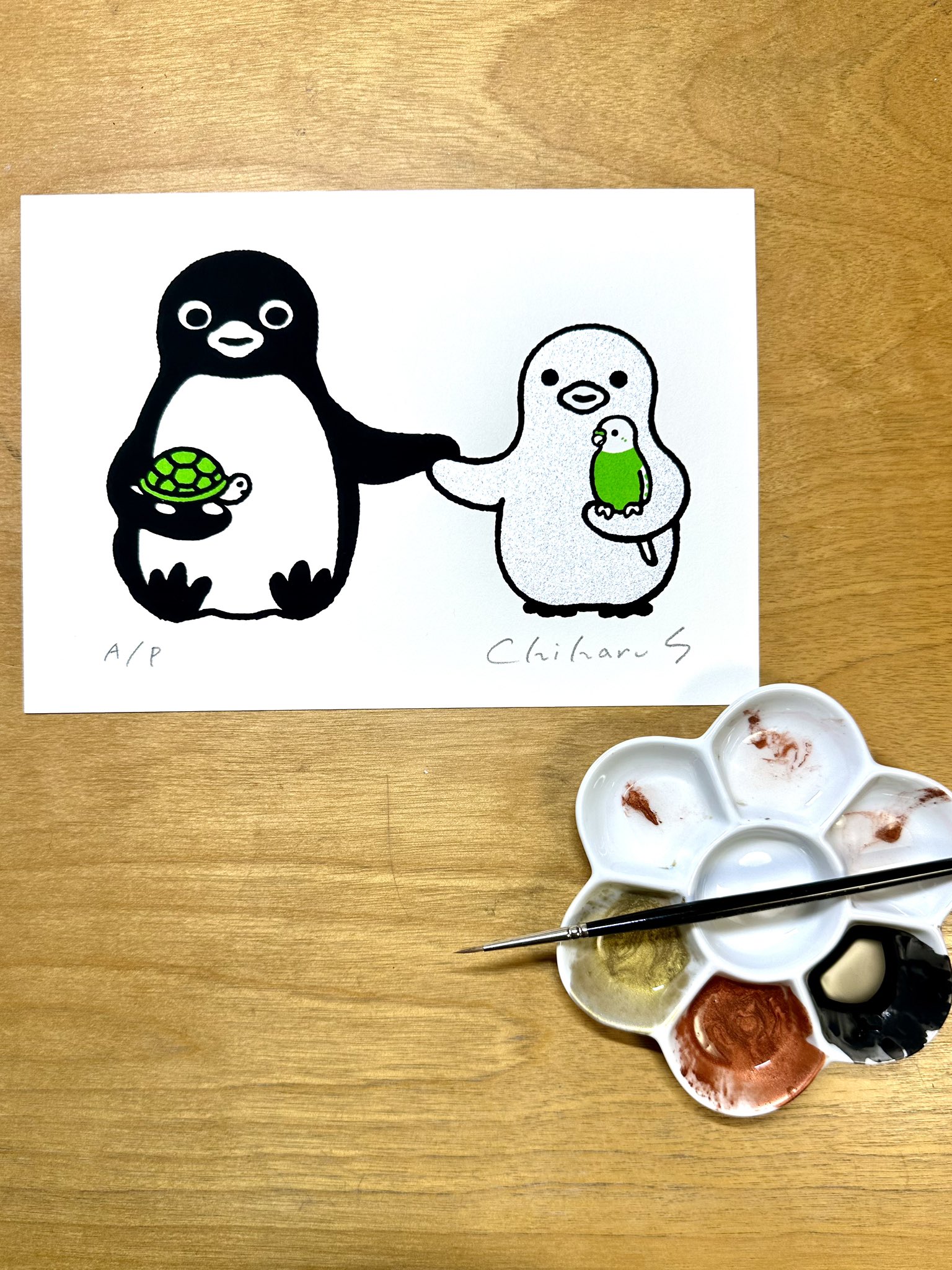 さかざきちはる シルクスクリーン作品『ペンギンと手乗り』