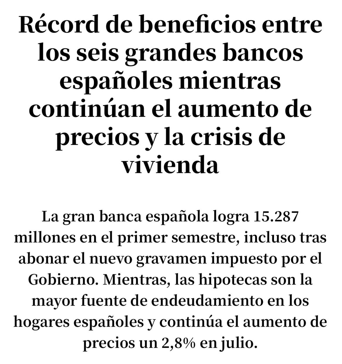 JulenBollain's tweet photo. Récord de beneficios entre los seis grandes bancos. 15.287 millones de euros.

- Santander: 6.059 M€ (+16%)
- BBVA: 4.994 M€ (+29%)
- Caixabank: 2.675 M€ (+25%)
- Sabadell: 791 M€ (+40%)
- Bankinter: 474 M€ (13%)
- Unicaja: 292 M€ (+99%)

Pero te hablarán de "impuestazo" https://t.co/jateZIOm4B