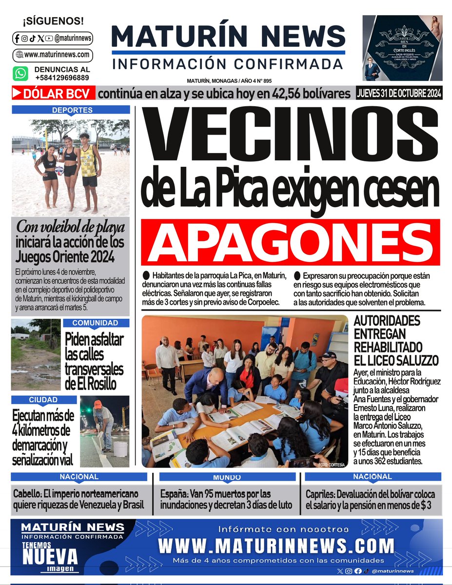 maturinnews's tweet photo. ¡Buenos días! ☀️ Presentamos nuestra portada JUEVES 31-10-2024.
.
.
#Maturin #Monagas #Noticias  #31Oct https://t.co/yZPo87jmi4