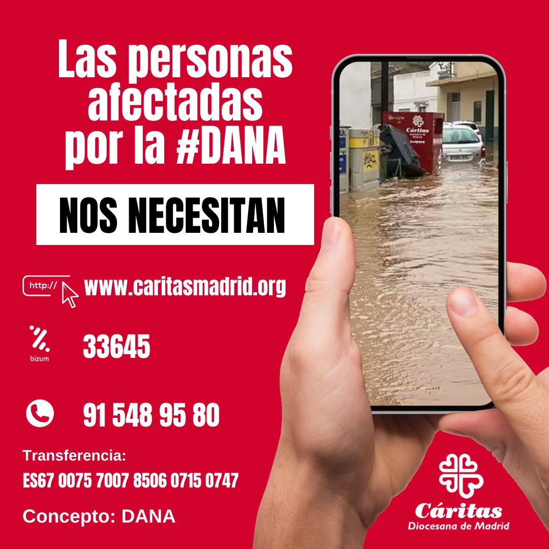 CaritasMadrid's tweet photo. 🌧️ Miles de personas han sido afectadas por la #Dana. Cáritas Valencia y Albacete están trabajando para brindar a poyo a las personas y familias.
Nuestro equipo está trabajando para brindar alojamiento seguro y cubrir sus necesidades Ahora más que nunca, necesitamos tu apoyo.
Si puedes, ¡colabora y ayuda a quienes más lo necesitan!
Más información: https://t.co/1BUEed8PxA
#Dana #Solidaridad #CaritasInundaciones