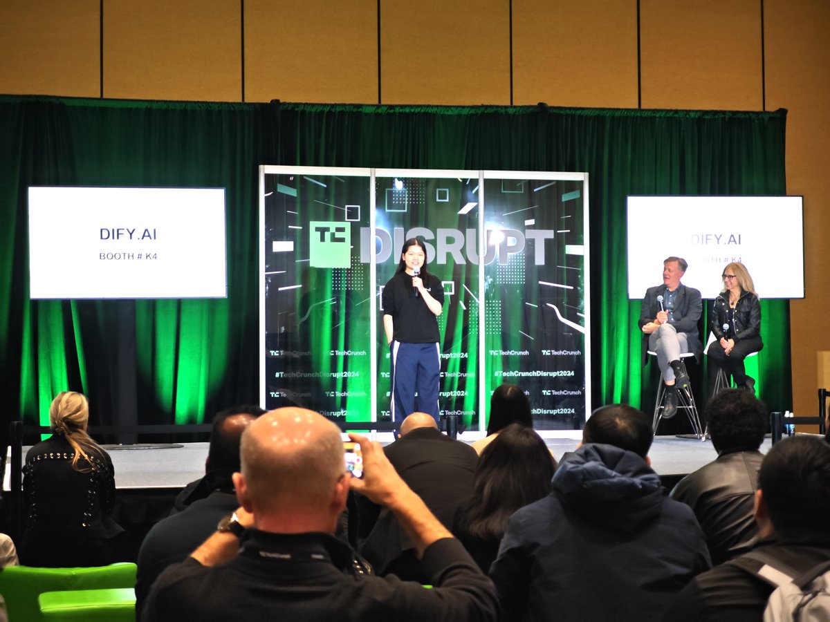 dify_ai's tweet image. 🌟 Exciting times at #TechCrunchDisrupt! Our Head of Developer Relations, Chenhe Gu (@guchenhe), took the stage to show how Dify empowers developers to turn #GenAI ideas into prototypes. We’re making AI application development easier than ever.