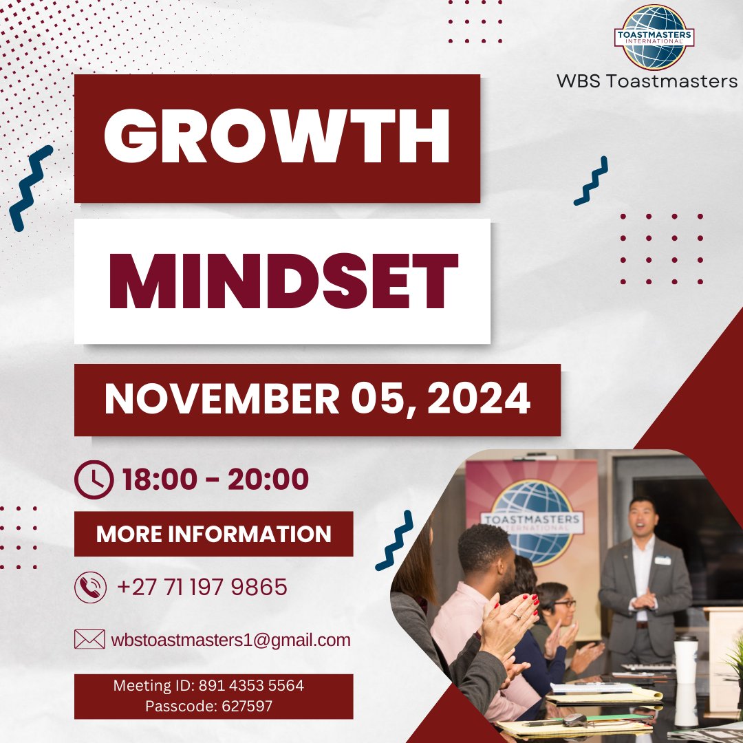 ToastmastersWBS's tweet photo. 🌱 Join us at WBS Toastmasters for a Growth Mindset Event! 🌱

🗓 Date: 05/11/2024
🕒 Time: 18:00- 20:00
💻 Zoom (ID: 891 4353 5564 | Passcode: 627597)

📞 Contact for more info: +27 71 197 9865 or wbstoastmasters1@gmail.com
#GrowthMindset 
#WBS 
#Toastmasters 
#PersonalGrowth https://t.co/H0SpK5llPS