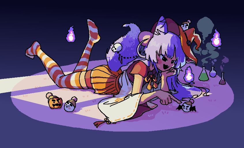 #shibuki_art
친구가 그려준 마녀부키
근데 이제 여우불을 곁들인

사실 원래는 느긋한 일상 느낌으로 얘기했는데 기왕 이렇게 된거 할로윈 분위기 뿜뿜으로
트릭 오어 트릿! 과자를 주지 않으면.....