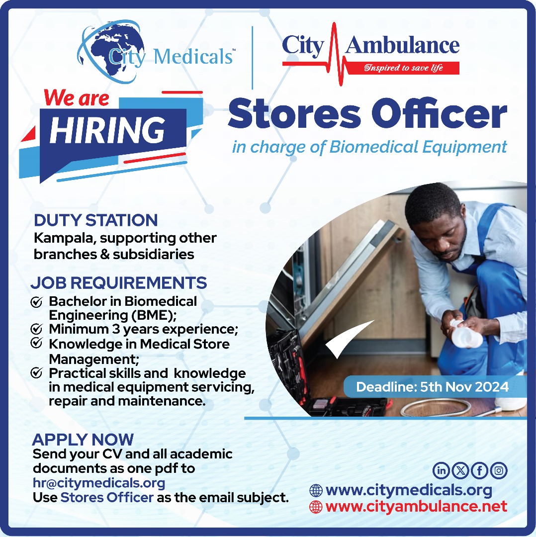 CityMedicalsug's tweet photo. We are Hiring!!! We are looking for a qualified & competent Stores Officer in Charge of Biomedical Equipment. Apply:https://t.co/PDqWJfll6q
Deadline: 5th, November 2024 #jobalert #HiringNow #storesofficer https://t.co/eeLdkj2YxU