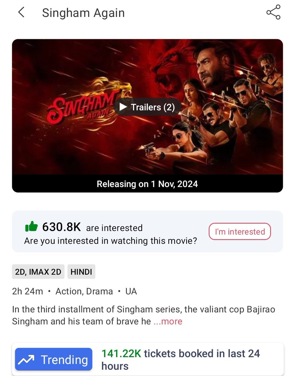 actressnation4u's tweet photo. Tickets sold on BMS in last 24 hours..
⭐ #BhoolBhulaiyaa3 : 176 K+
⭐ #SinghamAgain : 141 K+
Both release on tomorrow
#KartikAaryan #TriptiiDimri #VidyaBalan #AjayDevgn #AkshayKumar #Ranv #TigerShroff #KareenaKapoor #DeepikaPadukone https://t.co/5wt3Fe22eT