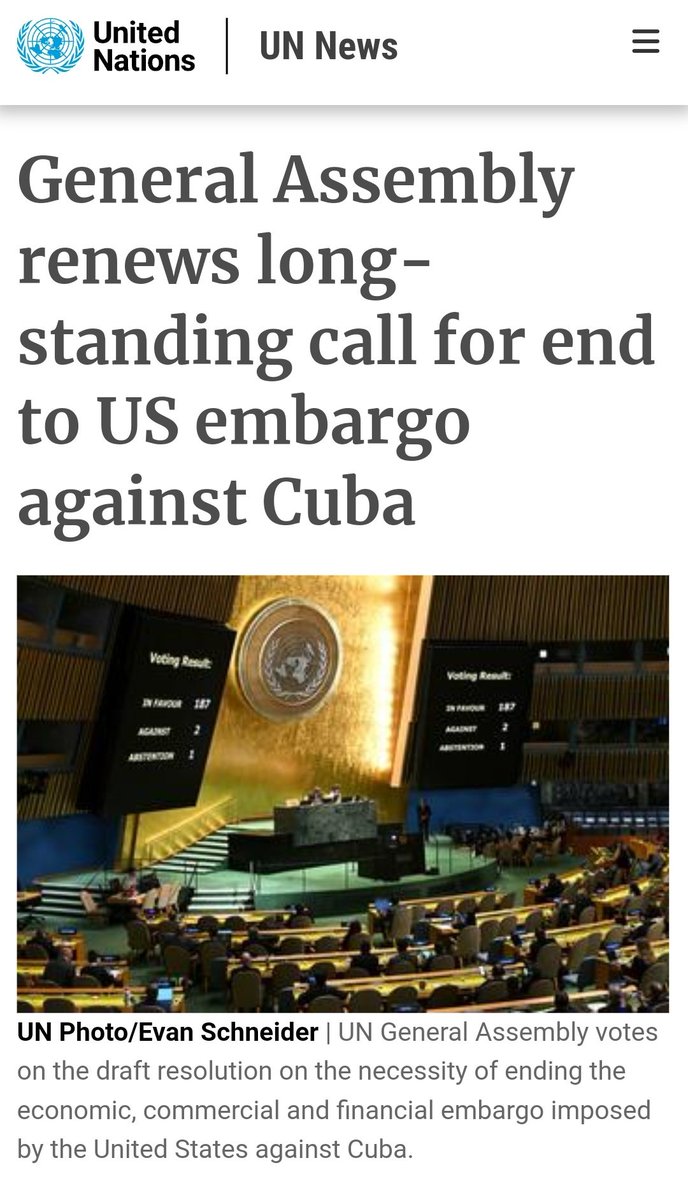 YDunhai's tweet photo. #ENDCUBAEMBARGO 32 years in a row. This year 187 votes in favor, two against (Israel and the US), and one abstention. https://t.co/65Pjhyb9Tc