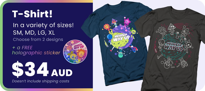 WhichWayUpGame's tweet photo. We've added T-shirts exclusively to our Kickstarter!

It also comes with a free sticker, because shiny ✨

Get yours here: https://t.co/Bn7ltfPsn2 https://t.co/JViK7cyBPn