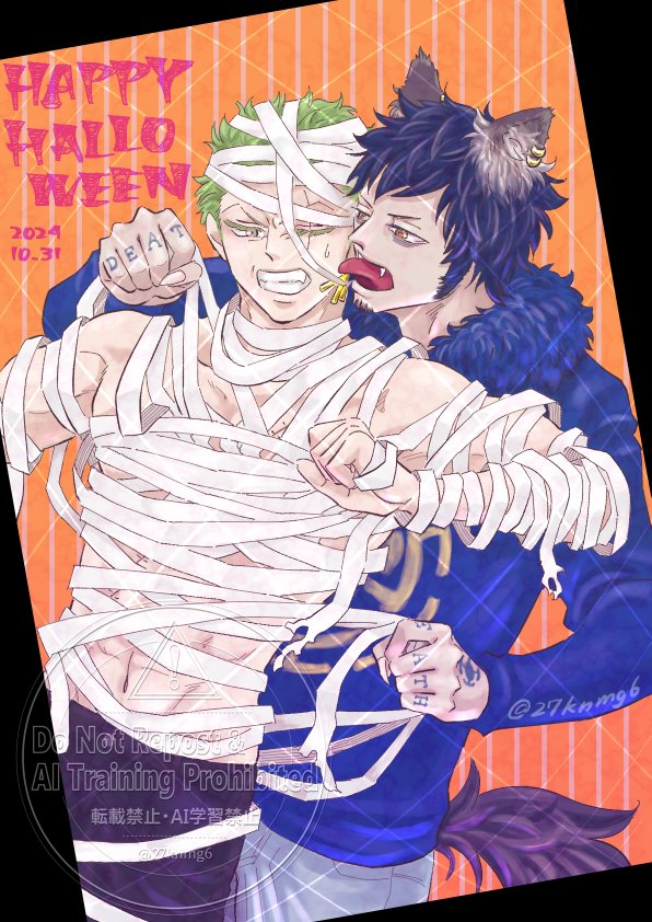 27knmg6's tweet photo. ハッピーハロウィン🎃
狼男🐺とミイラ男🤕の🐯⚔️
※ケモ耳

⚔️「包帯取るなって言ったのお前だろ！！！！」 https://t.co/ApCYvoSzfk