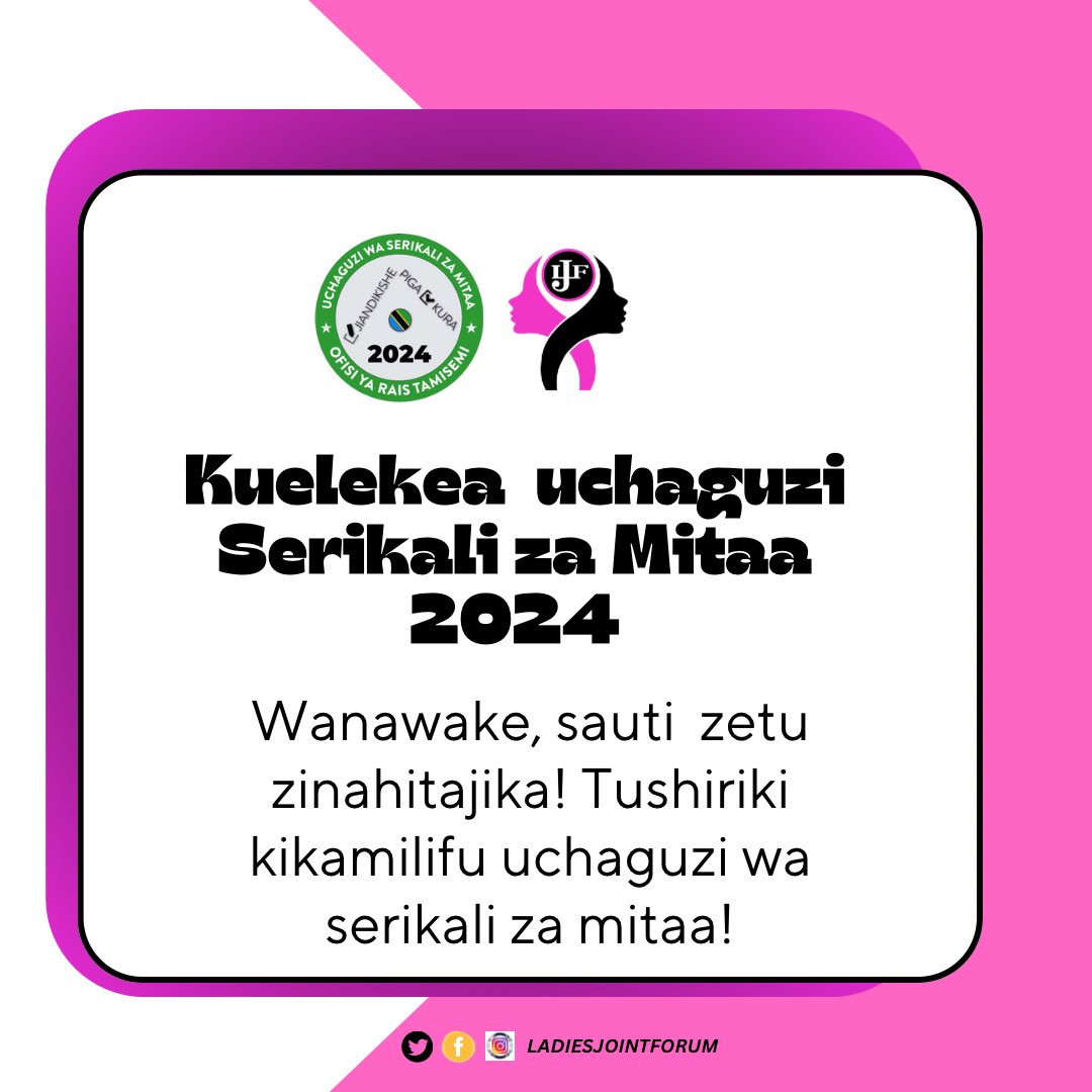 Uchaguzi wa Serikali za Mitaa ni muhimu
Wanawake, sauti  zetu zinahitajika! Tushiriki kikamilifu uchaguzi wa serikali za mitaa!

#shirikiuchaguziwaserikalizamitaa