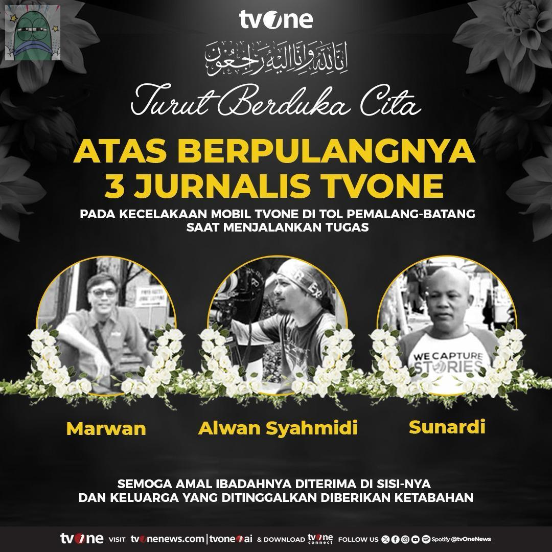 💚 Tw // Kecelakaan
Innalilahi wa innaillaihi raji'un.
Mobil TvOne mengalami kecelakaan di Tol Pemalang. Tiga orang penumpang dikabarkan meninggal dunia.
Dan dua penumpang lain dikabarkan selamat.