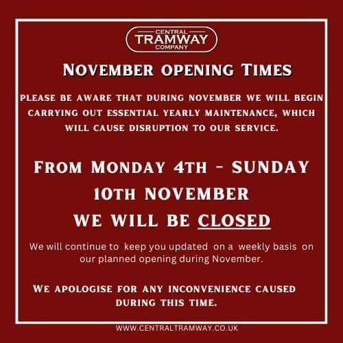 SERVICE UPDATE FOR NOVEMBER
During November, we will be carrying out essential maintenance, which will result in some closures of the Central Tramway. We apologise for any inconvenience this may cause and will keep you updated on a weekly basis throughout November.