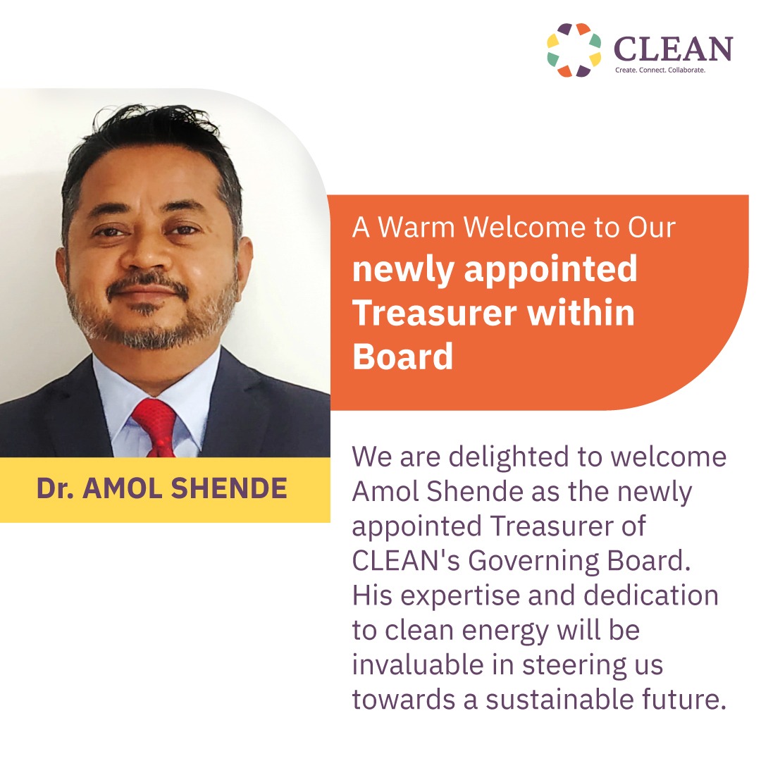 thecleannetwork's tweet photo. We extend a warm welcome to Dr. Amol Shende, our newly appointed Treasurer on CLEAN’s Governing Board! With his expertise and commitment to advancing clean energy, we look forward to achieving new milestones in our journey toward a sustainable future. 
#WelcomeOnBoard #CleanEnergy