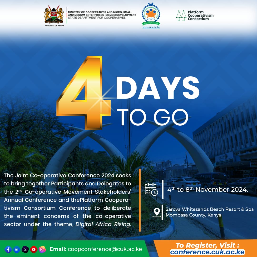 Ushirika_Kenya's tweet photo. Ready for #DigitalAfricaRising conference? Register today at ๐ https://t.co/hYeUgrkgFf and annual Cooperativism stakeholders event to be held in Mombasa๐ฐ๐ช. โฆ
#EmbracingTechnology #EmpoweringCommunities #EmpoweringCooperatives #DigitalTransformation #AfricaRising https://t.co/LevSax3Tg0