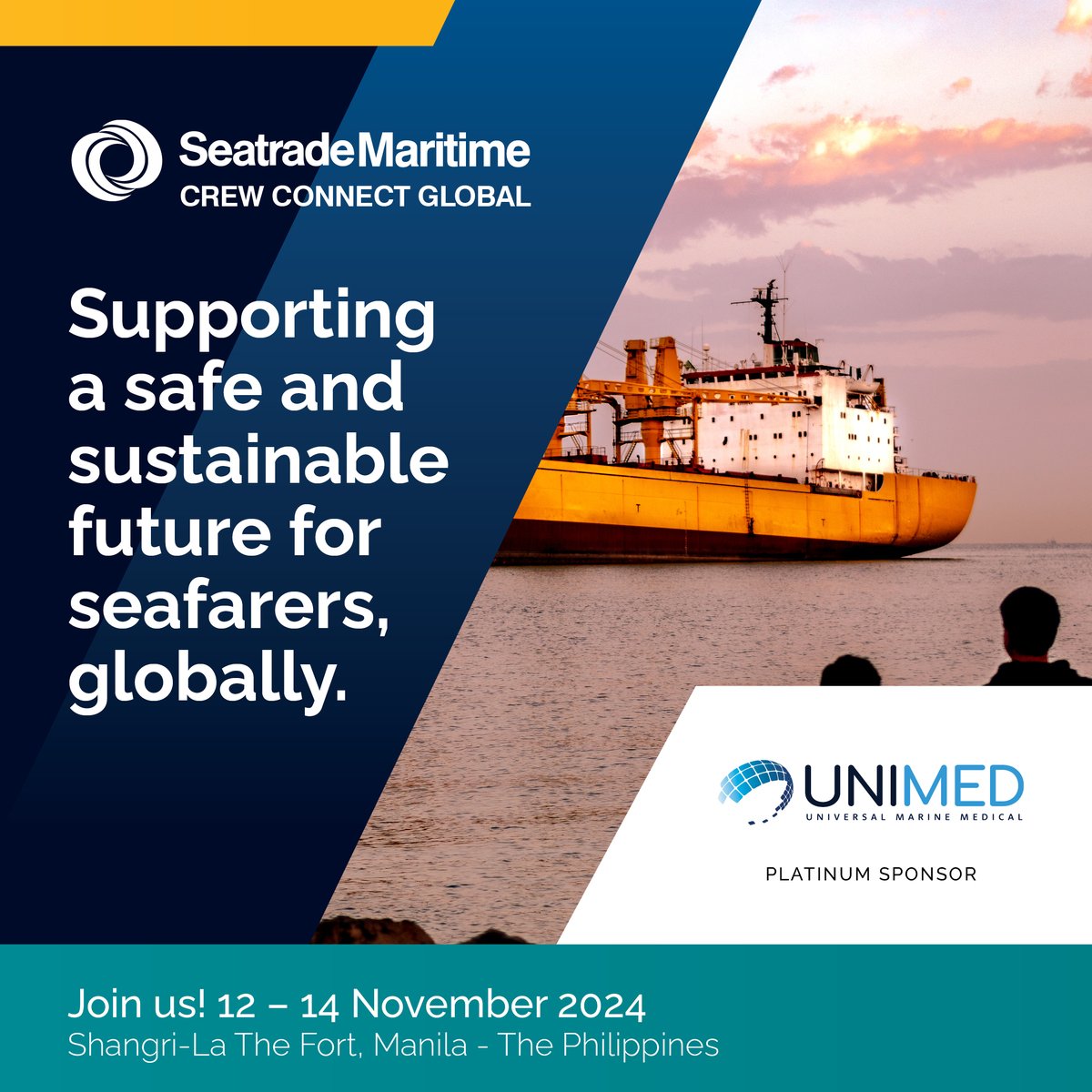 Seatrade's tweet photo. We are pleased to confirm UNIMED as Platinum Sponsor at this year's Seatrade Maritime #CrewConnectGlobal
Discover more about the issues, challenges and opportunities facing the future of seafaring: https://t.co/9HHbQ1MVzS
#sponsorspotlight #crewing #seafarer https://t.co/LdRKojej8i