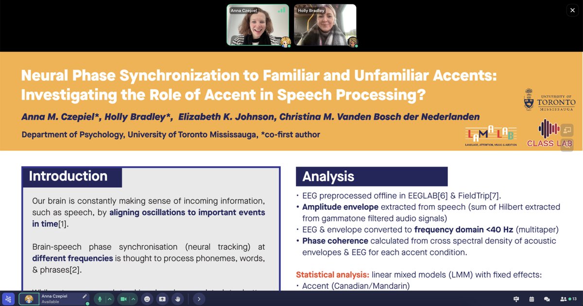 Last day of <a href="/CuttingEeg/">cuttingEEG</a> #CuttingEEGX 2024! Interested in neural tracking &amp; speech perception? Come find us in gathertown presenting the 1st <a href="/utmlamalab/">LAMA Lab</a> &amp; CLASS lab collaboration with <a href="/_HBradley/">Holly Bradley (PhD)</a>,<a href="/christinavbdn/">Christina VBdN / christinavbdn.bsky.social</a>! See Poster 3 for our adult study &amp; Poster 32 for our infant study 🧠💬