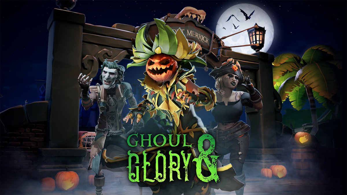 SeaOfThieves's tweet photo. Ghoul &amp; Glory returns! From now until November 4th (10am UTC), log in to receive the Grinning Gourd Bucket and enjoy boosted rewards. Plus all pirates, Legend or not, can check their Quest Table for a time-limited spooky Voyage celebration! https://t.co/ydOfmpFZuu