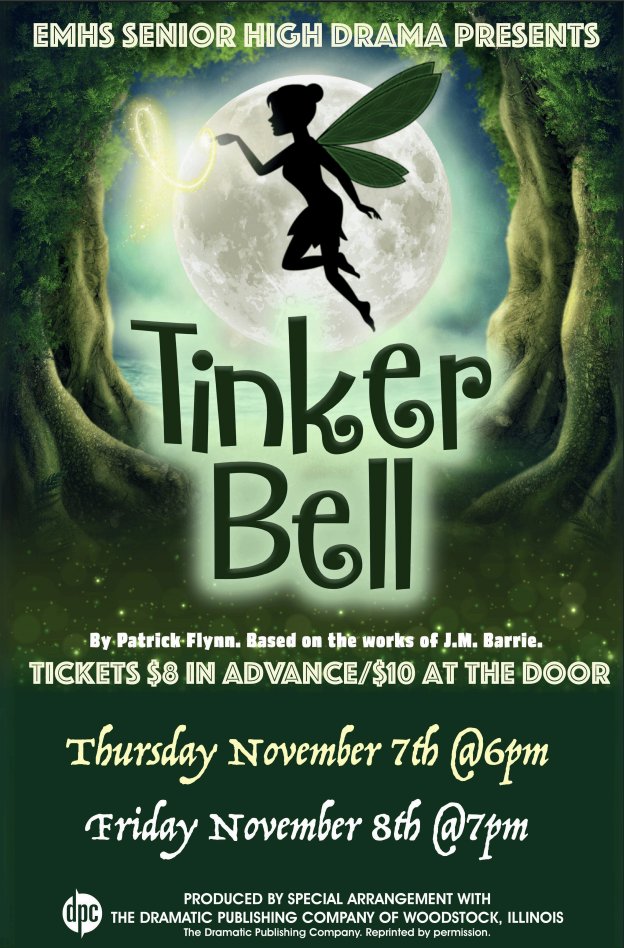 Tinker Bell

Come see "Tinker Bell" next Thursday 11/7 at 6pm and Friday 11/8 at 7pm. Tickets are $8 in advance and $10 at the door! Presented by the Senior High Drama Club.