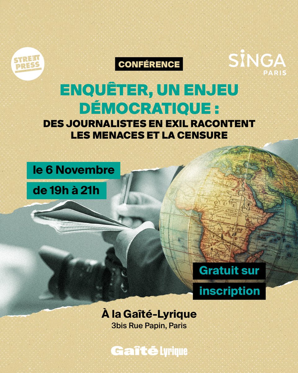 📍 Rendez-vous le 6 novembre à la <a href="/gaitelyrique/">La Gaîté Lyrique</a>
pour une soirée organisée par StreetPress et
<a href="/SINGA_GLOBAL/">SINGA</a> avec les journalistes réfugiés en France du projet Voix en Exil ✊

C'est gratuit, sur inscription ➡️ billetterie.seetickets.fr/enqueter-un-en……

Toutes les infos ⬇️

gaite-lyrique.net/evenement/enqu…
