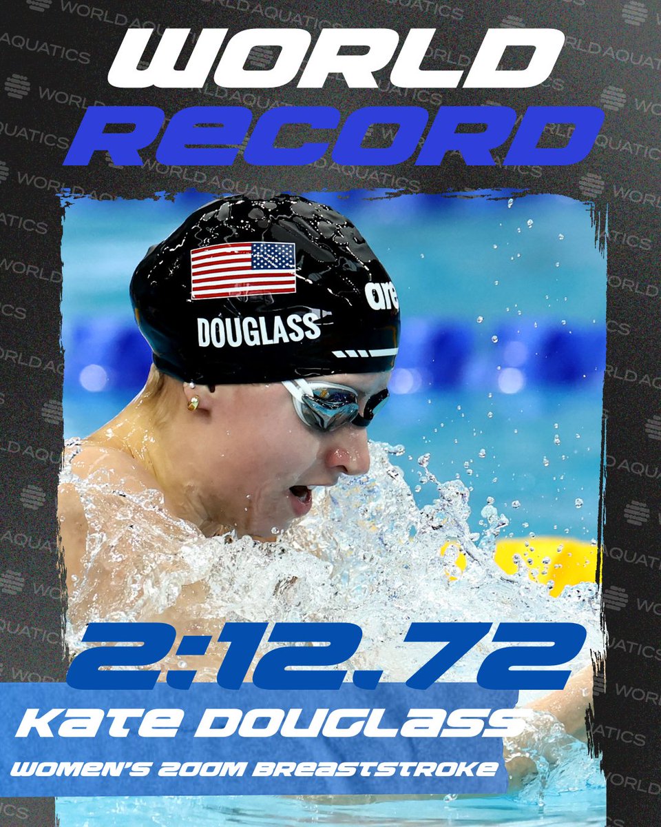 WorldAquatics's tweet image. 🇺🇸 Kate Douglass improves her world record after just one week with an incredible swim in the 200m Breaststroke (25m) #SWC2024 #FASTLANE