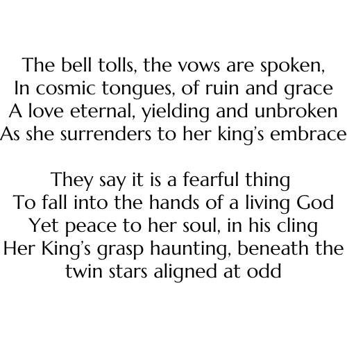 itmeclear's tweet photo. ーThey say it is a fearful thing
To fall into the hands of a living God
Yet peace to her soul, in his cling
Her King’s grasp haunting, 
beneath the twin stars aligned at oddー

#yumespooktober24 #haluween24 #sinxclear https://t.co/bIWmyqpig1