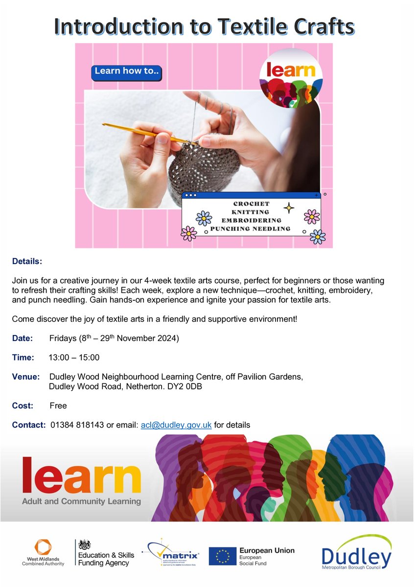 Connected Communities Dudley (@connecteddudley) on Twitter photo Are you someone who is creative and interested in learning more about textiles skills and crafts? A new FREE 4 week course is available through the Adult and Community Learning team at <a href="/dudleymbc/">Dudley Council</a>. If you'd like further information, see the poster below. Are you someone who is creative and interested in learning more about textiles skills and crafts? A new FREE 4 week course is available through the Adult and Community Learning team at <a href="/dudleymbc/">Dudley Council</a>. If you'd like further information, see the poster below.