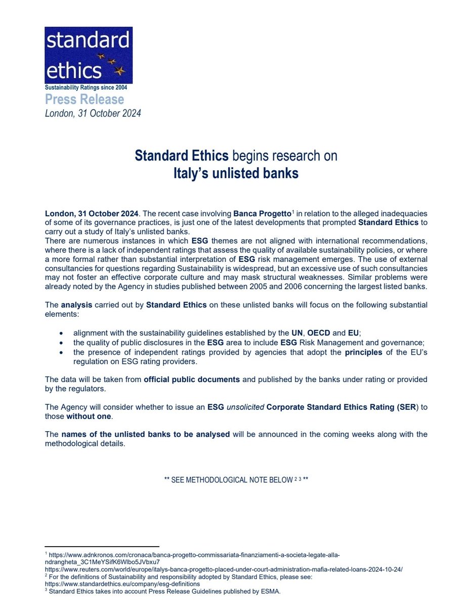 Standard Ethics (@standardethics) on Twitter photo Standard Ethics has announced its intention to run research on Italy's unlisted #banks following the <a href="/BancaProgetto/">Banca Progetto</a> case. The study will look principally at three key areas. More info below. Release in Italian on request. <a href="/ReutersBiz/">Reuters Business</a> <a href="/Citywire_Italia/">Citywire Italia</a> <a href="/fteconomics/">FT Economics</a> <a href="/TheBanker/">The Banker</a> Standard Ethics has announced its intention to run research on Italy's unlisted #banks following the <a href="/BancaProgetto/">Banca Progetto</a> case. The study will look principally at three key areas. More info below. Release in Italian on request. <a href="/ReutersBiz/">Reuters Business</a> <a href="/Citywire_Italia/">Citywire Italia</a> <a href="/fteconomics/">FT Economics</a> <a href="/TheBanker/">The Banker</a>
