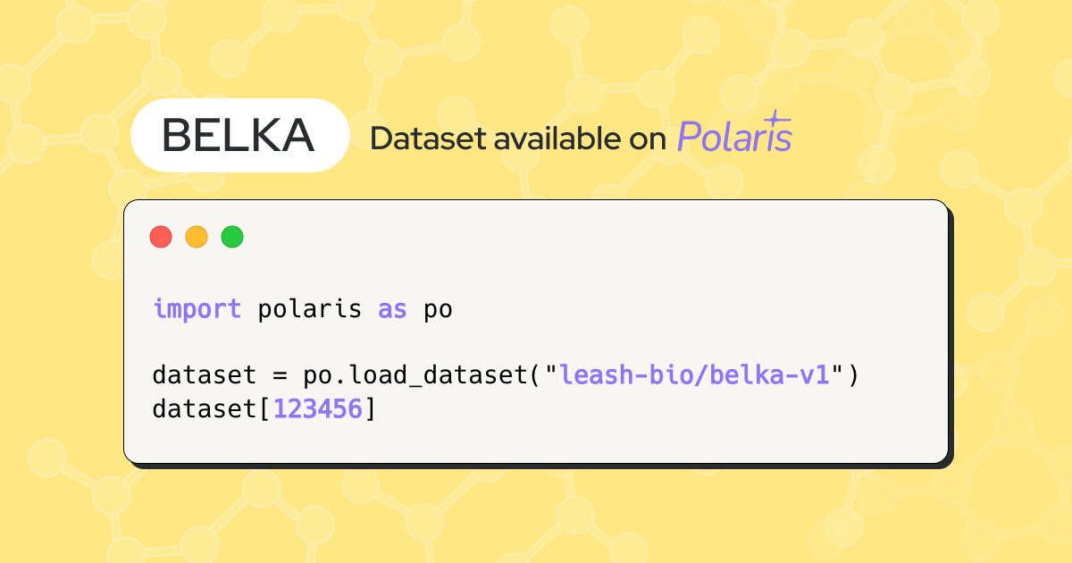 BELKA, a massive public molecule-protein interaction dataset created by <a href="/leashbio/">Leash Bio</a>, is now available on Polaris! Access it with just a few lines of code: polarishub.io/datasets/leash…

BELKA contains 100M molecules screened against 3 protein targets. If you didn’t get to participate in