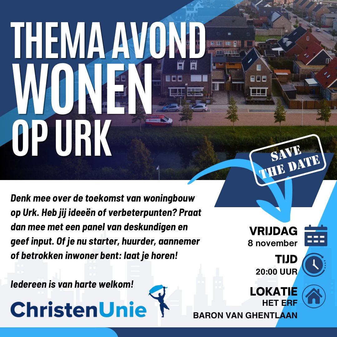 Kom naar de thema-avond “Wonen op Urk”. Praat mee over woningbouw op Urk. Of je nu starter, huurder, aannemer of betrokken inwoner bent: nu is je kans om invloed uit te oefenen! Deskundigen zijn aanwezig vanuit aannemers, gemeente &amp; woningcorporatie. Vrijdag 8 november om 20 uur.