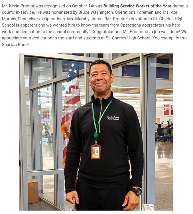 StCharlesHS's tweet photo. Congratulations Mr. Proctor, Building Service Worker of The Year!!! https://t.co/RkgTcpDyCp