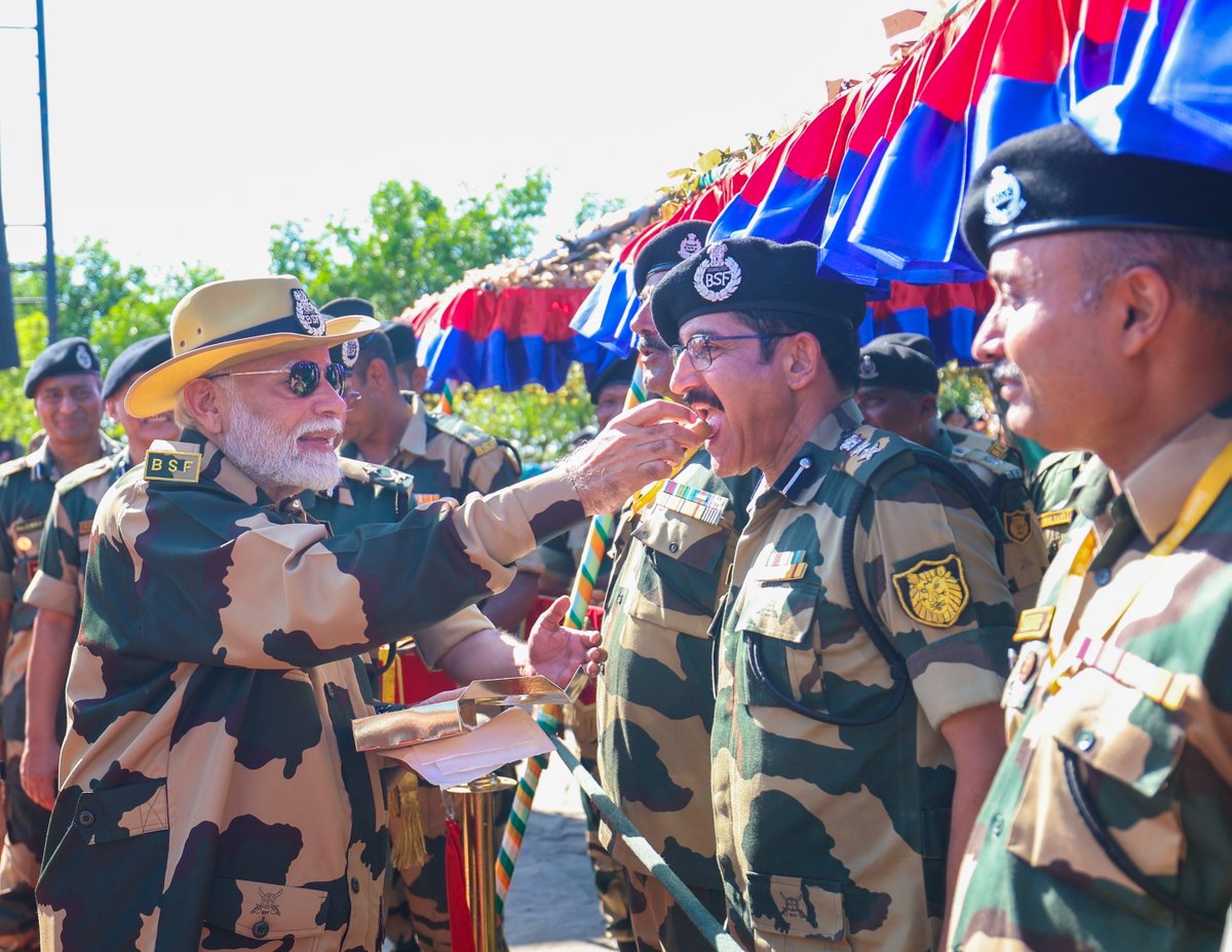 narendramodi's tweet photo. Glad to have celebrated Diwali with our brave personnel from the BSF, Army, Navy, and Air Force at Lakki Nala in the Creek Area, Kutch. This area is both challenging and remote. The days are scorching hot and it also gets cold. The Creek area has other environmental challenges as well.