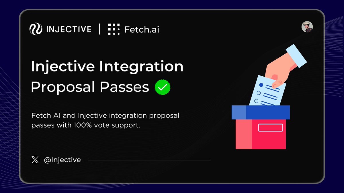 Injective Integration Proposal: 🗳

<a href="/ASI_Alliance/">Artificial Superintelligence Alliance</a>'s proposal to integrate <a href="/Fetch_ai/">Fetch.ai</a>
and @Injective has now officially passed with 100% votes.

This integration leverages Fetch.ai's tech to enhance Injective's dApps, benefiting both through shared functionalities.