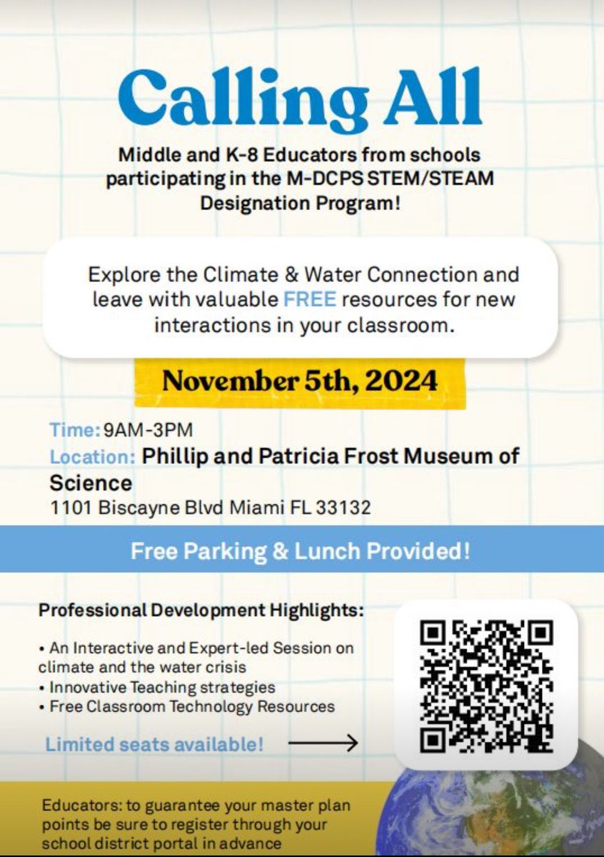💧  Calling all STEAM Teachers from <a href="/MDCPS/">Miami-Dade Schools</a> <a href="/MDCPSSTEAM/">M-DCPS STEAM</a> 💧 

Earn Master Plan Points while Expanding Your Knowledge! Join us for a PD titled "The Ripple Effect: Exploring the Climate-Water Connection," hosted by BLUE Missions, featuring guest speaker <a href="/callaghanct/">Corey Callaghan</a> from <a href="/UF/">FLORIDA</a>