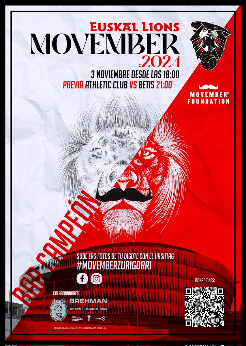 Un año más, trataremos de poner nuestro granito de arena en esta lucha. Este domingo en la previa del <a href="/AthleticClub/">Athletic Club</a> - <a href="/RealBetis/">Real Betis Balompié 🌴💚</a> , vuelve nuestro evento solidario #MovemberZurigorri 
Id dejando crecer esos bigotes y ayudadnos a dar una patada al cáncer!