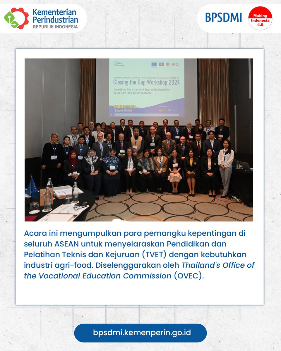 BPSDMI_Kemperin's tweet image. Halo Sobat Industri!

BPSDMI berpartisipasi di kegiatan Closing the Gap Workshop yang diadakan di Bangkok, Thailand. Perwakilan BPSDMI menyampaikan praktik-praktik yang sudah dilakukan Kemenperin dalam mendorong konektivitas lembaga TVET, swasta, dan pemerintah.

#BPSDMI
