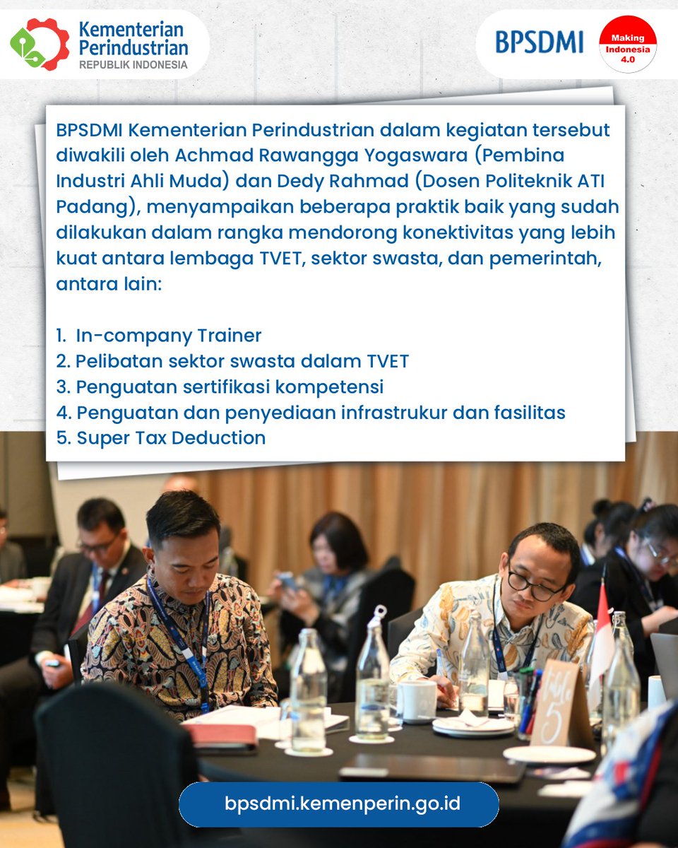BPSDMI_Kemperin's tweet image. Halo Sobat Industri!

BPSDMI berpartisipasi di kegiatan Closing the Gap Workshop yang diadakan di Bangkok, Thailand. Perwakilan BPSDMI menyampaikan praktik-praktik yang sudah dilakukan Kemenperin dalam mendorong konektivitas lembaga TVET, swasta, dan pemerintah.

#BPSDMI