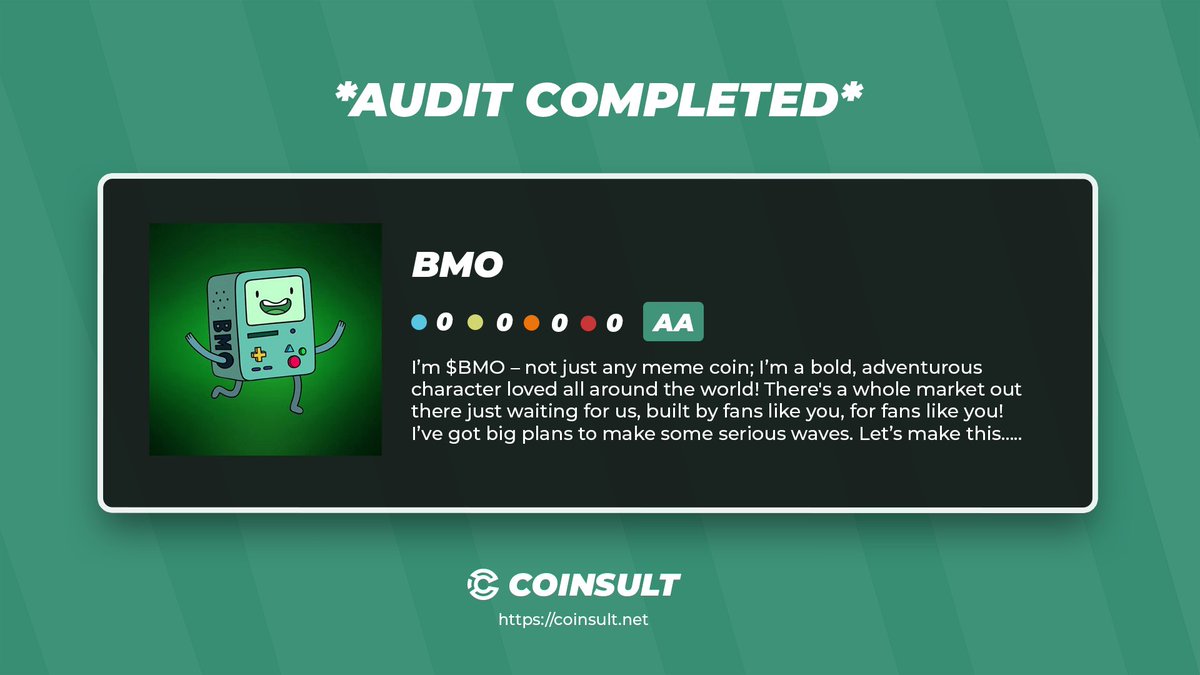CoinsultAudits's tweet photo. 🔒 AUDIT COMPLETED FOR BMO

🎁 GIVEAWAY: $20 (48 hours)

1⃣ Follow @BMOonSolana & @CoinsultAudits
2⃣ Join their Telegram: https://t.co/U3pbGq7d7d
3⃣ Like, RT and place a comment 💬

Go check out the full project page of BMO 👇
https://t.co/mwLG6OnTnw

#giveaway #audit #smartcontract #cryptogiveaway #crypto #pinksale