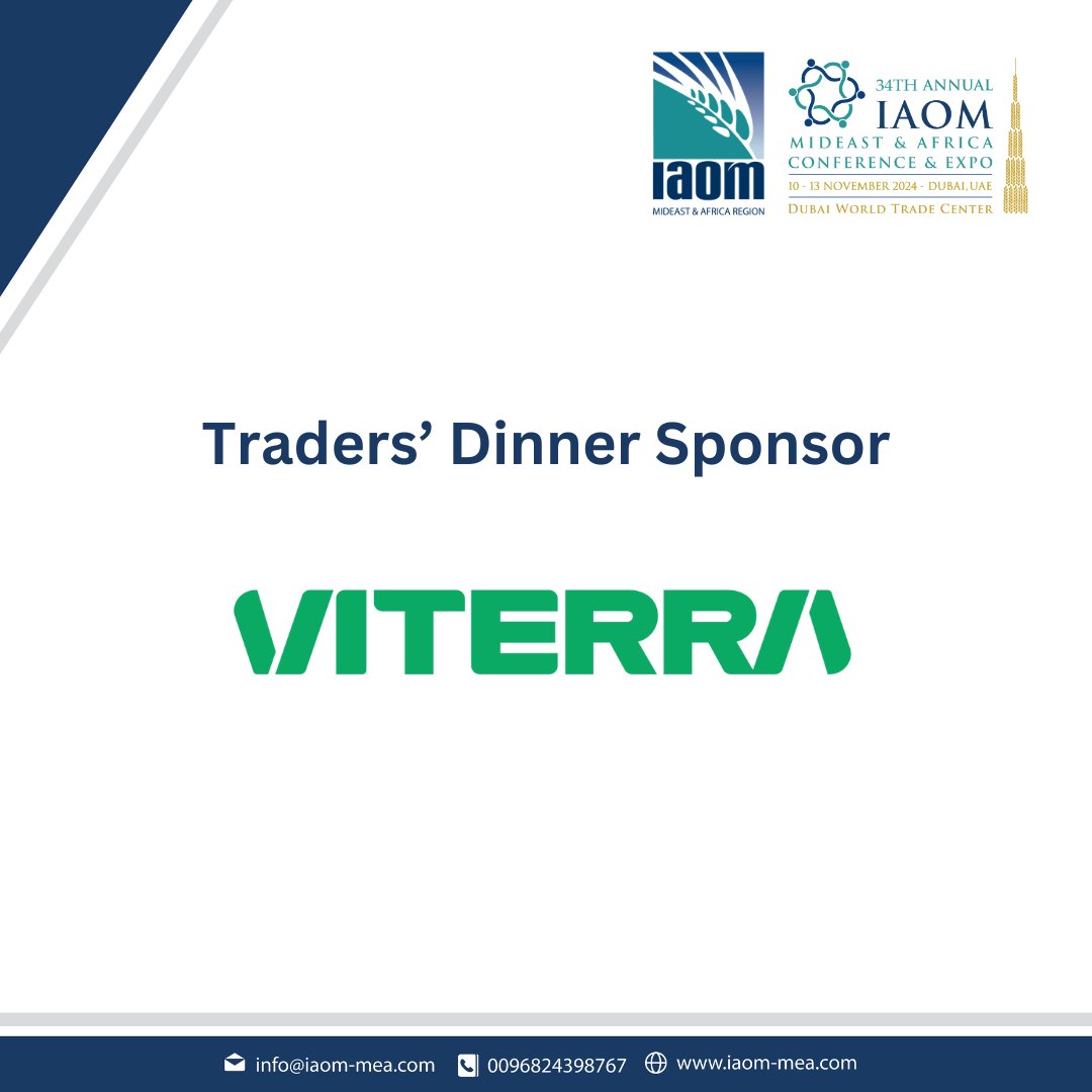 We are delighted to announce Viterra as one of our esteemed Traders' Dinner Sponsors for the upcoming 34th IAOM MEA Conference &amp; Expo 2024 - Dubai, UAE!   

For more information, visit the event website - iaom-mea.com/IAOM-DUBAI-202…