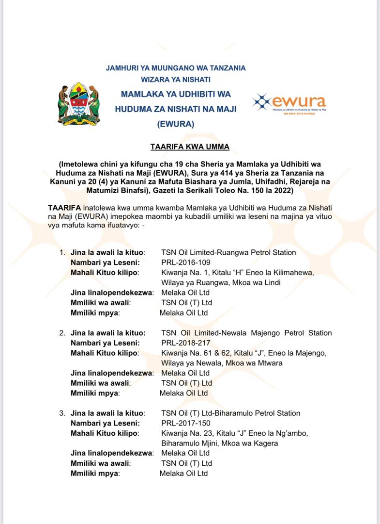 EwuraTanzania's tweet photo. #MwitowaMaoni:MTU yeyote mwenye maoni au pingamizi kuhusu maombi ya kubadili majina na leseni kutoka TSN Oil Limited kwenda Melaka Oil Limited, atume @EwuraTanzania ndani ya siku 14 tangu kutangazwa taarifa hii.
#maoni #pingamizi #leseni #mwito #udhibiti #nishati 
#EWURAUpdates https://t.co/JRgDrZixrZ