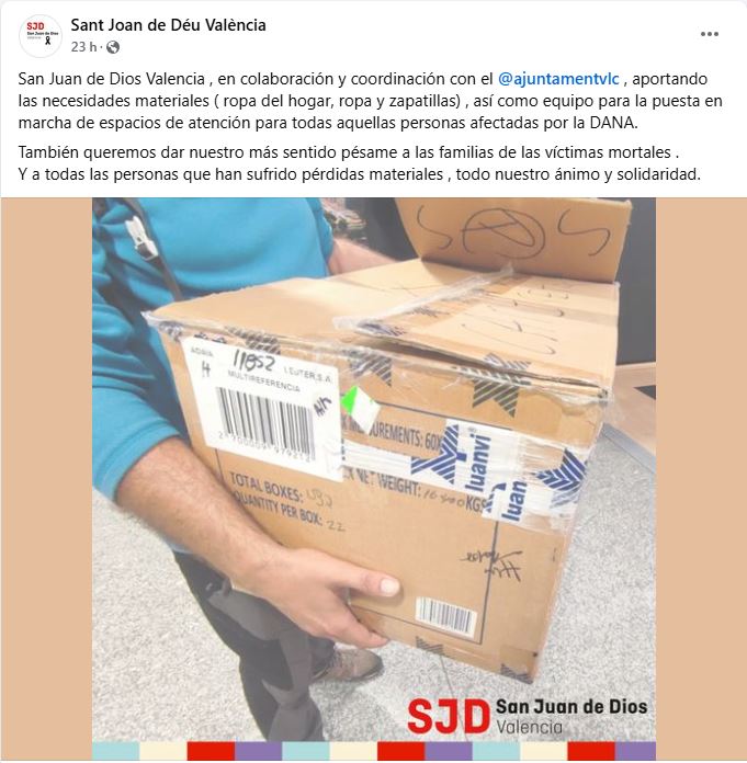 El centro #SantJoandeDéu de #Valencia está colaborando con el <a href="/AjuntamentVLC/">Ajuntament València</a> para dar todo el apoyo material y de personal que se requiera. Gracias por vuestra solidaridad en estos momentos tan difíciles para la sociedad valenciana y otras regiones afectadas por la DANA 🖤