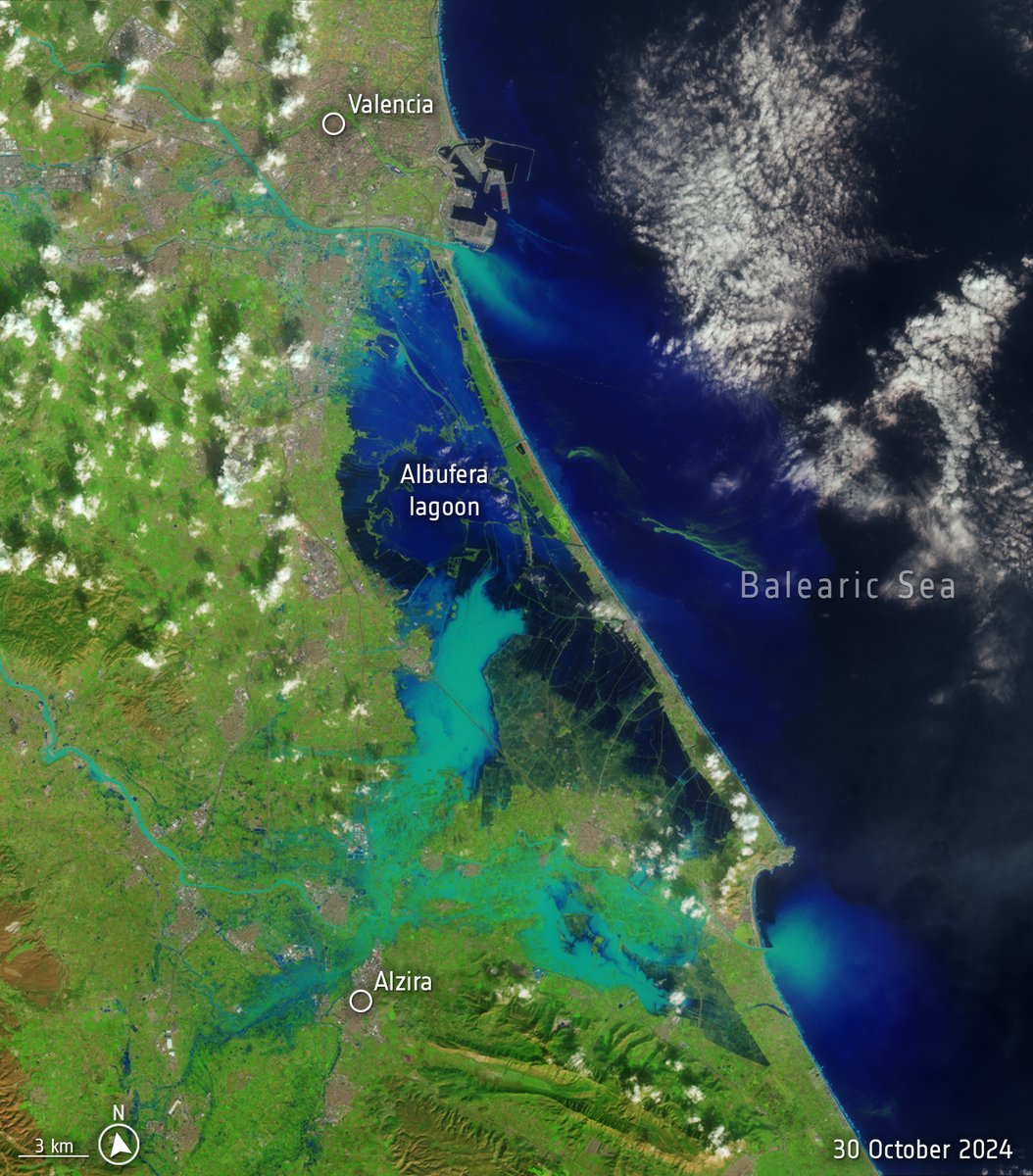 Spain is suffering its worst flood in decades after torrential rains struck the eastern province of Valencia. The death toll is climbing and people remain missing.

📸These images from Landsat-8 satellite  illustrate the scale of the disaster, with images from October 8 and